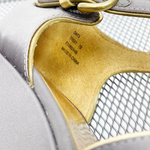 Coach Trixy Wedge Heel Sandal Gray Satin and Gold Trim Size 7 - Picture 5 of 6